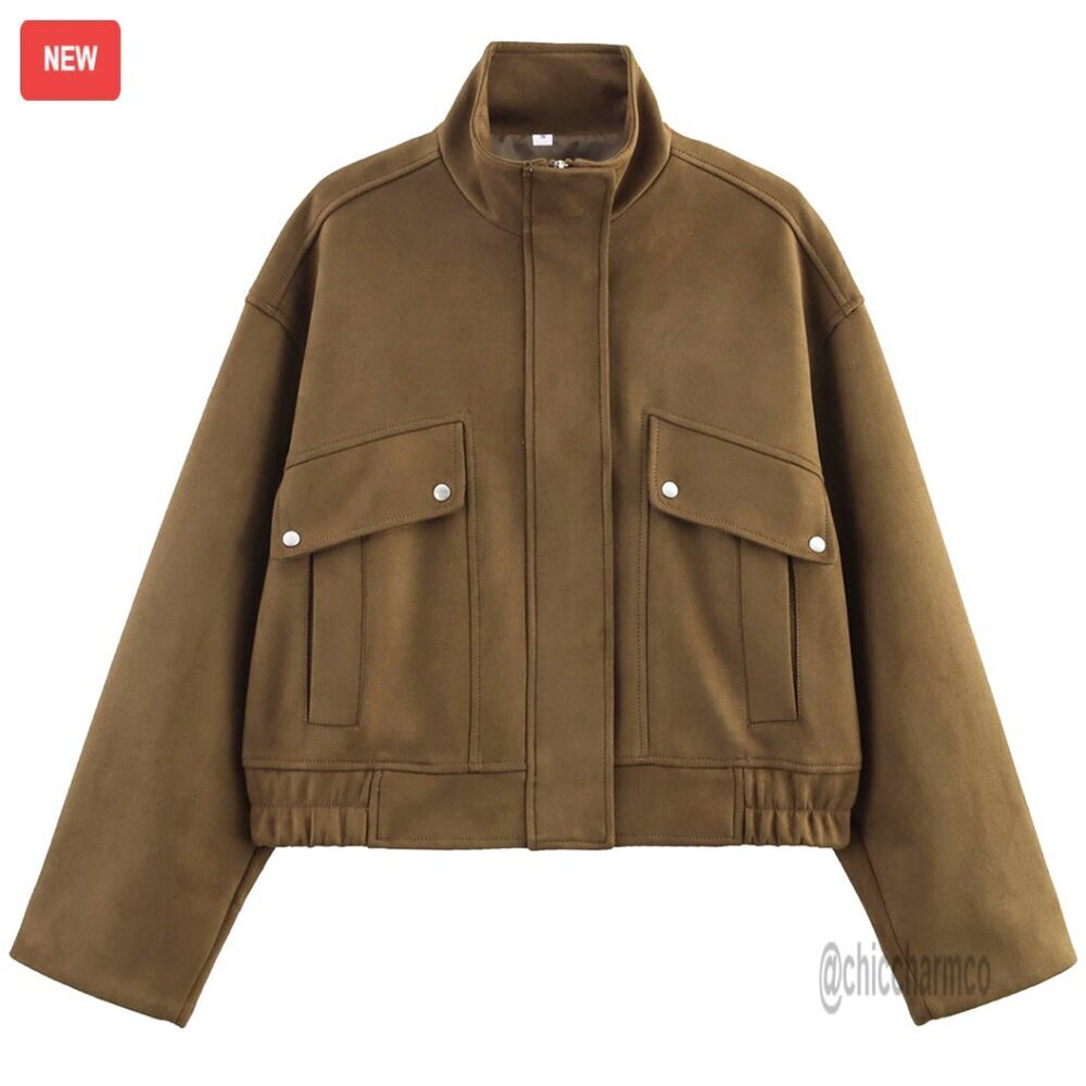 Suede Bomber Jacket Cropped High Neck Zipper Streetwear Outerwear with Pockets